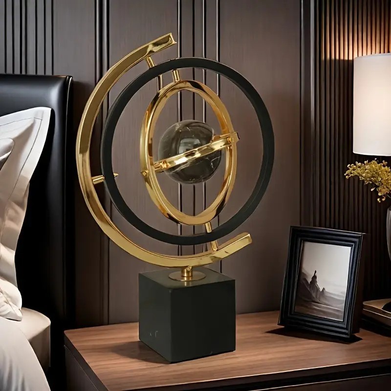 360-Degree Rotating Modern Abstract Metal Globe Sculpture